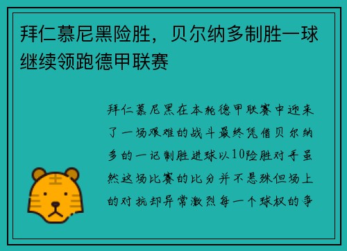拜仁慕尼黑险胜，贝尔纳多制胜一球继续领跑德甲联赛